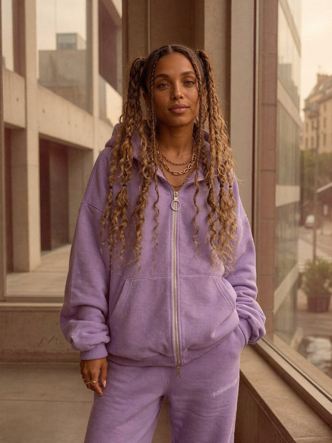 Mila in pastel oversized streetwear in a modern city setting for Mila Methods.