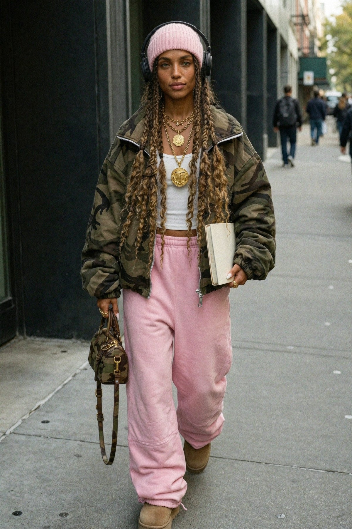 Mila carrying a journal in a modern city setting in pastel oversized streetwear.
