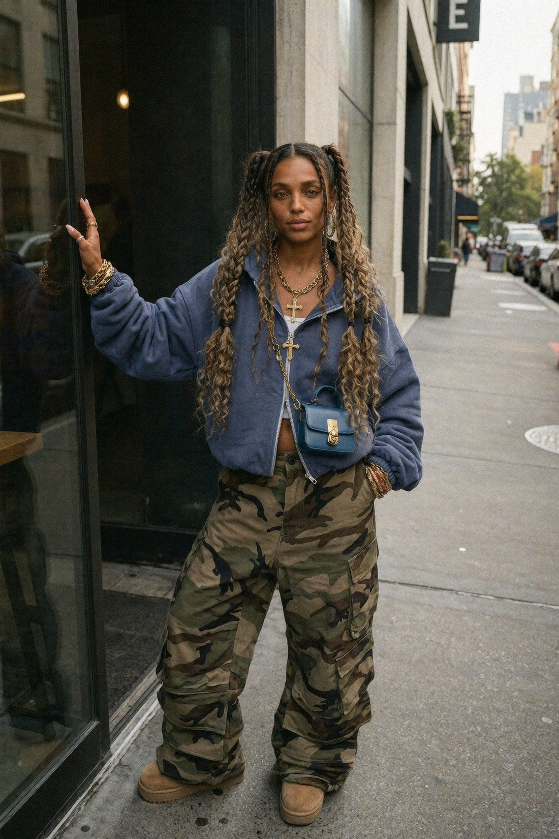 Mila walking through a modern city in pastel oversized streetwear for Mila Methods.