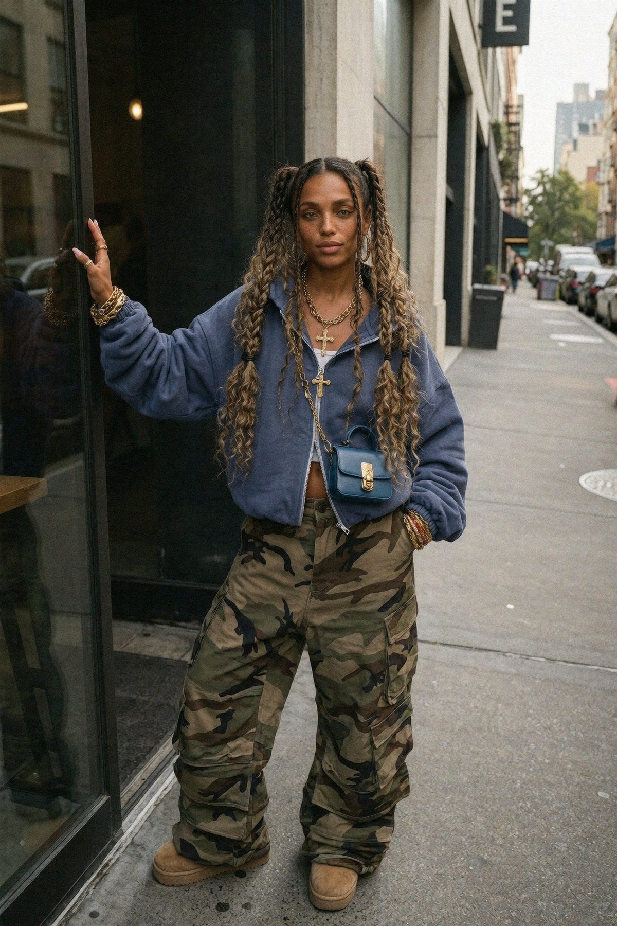 Mila walking through a modern city in pastel oversized streetwear for Mila Methods.